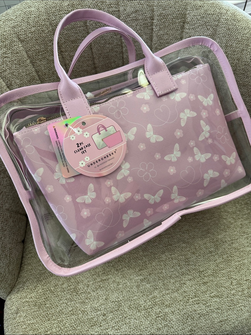Under One Sky Lilac Clear Tote with Floral Butterfly Insert - 2pc
